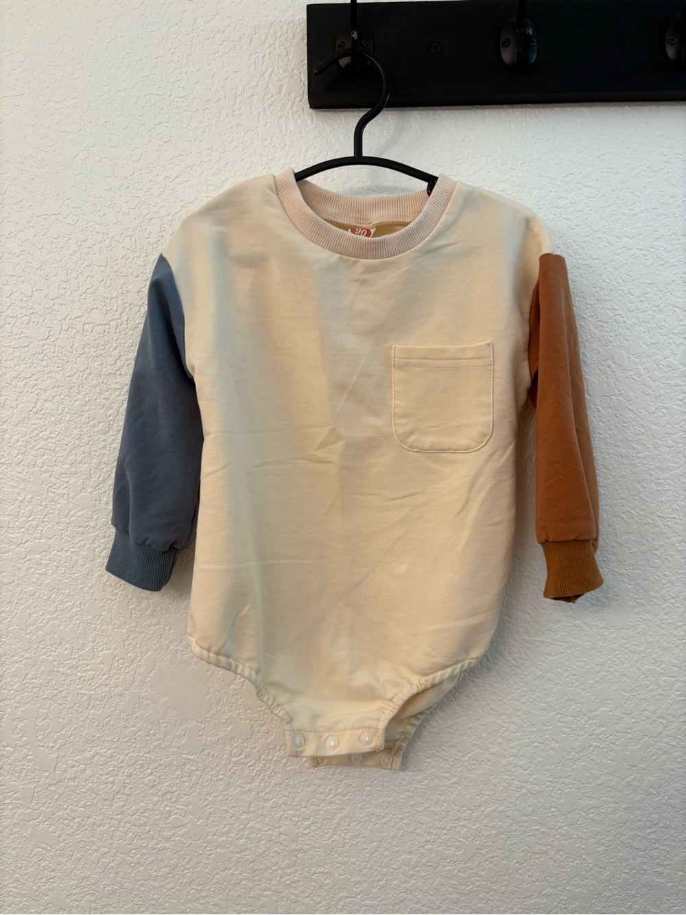 Colorblock Long Sleeve Bodysuit - Cream with Blue & Brown Sleeves